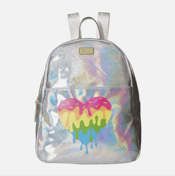 Betsey Johnson Mariss Holographic Backpack with Rainbow Melted Heart - Picture 1 of 5
